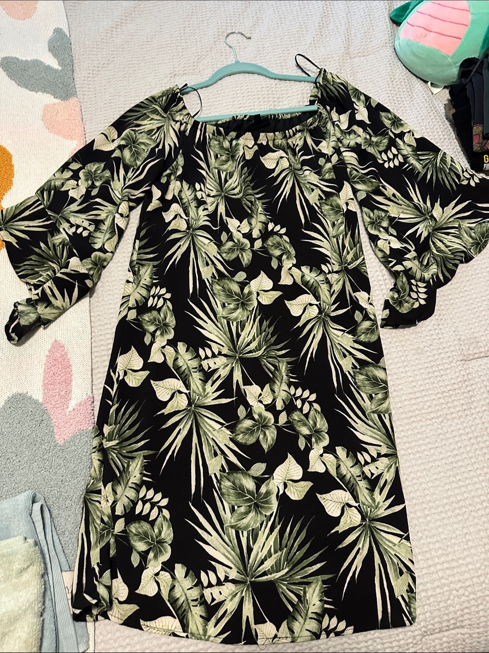bobeau Black Dress with Green Tropical Leaf Print